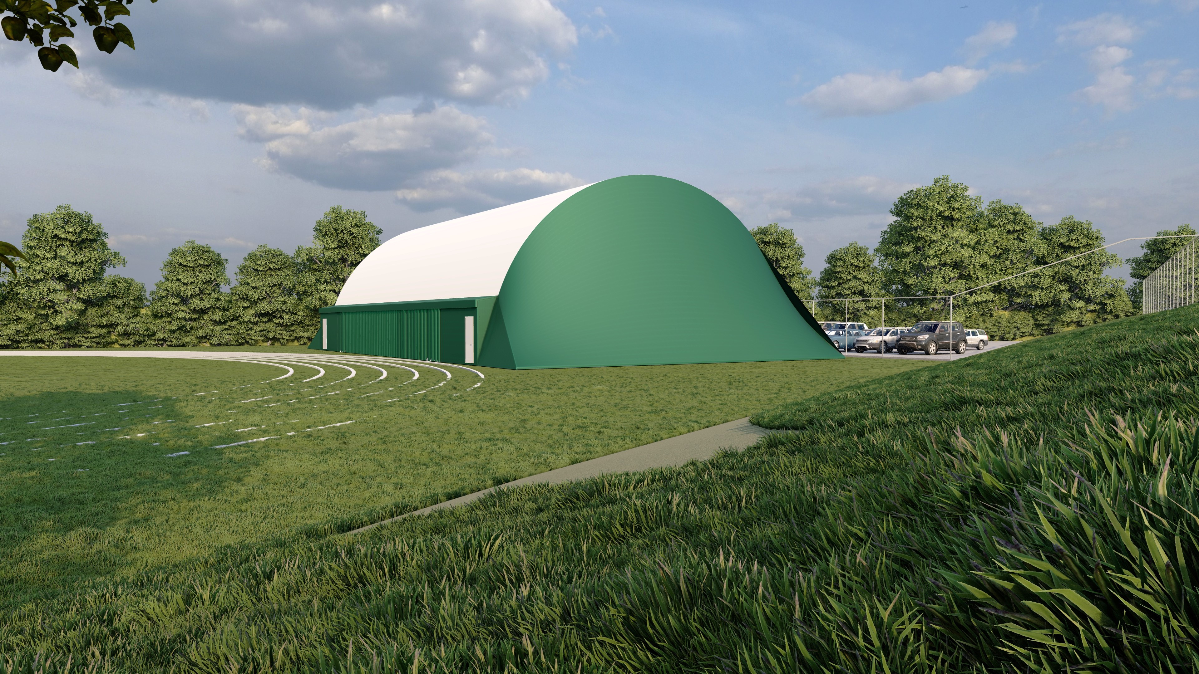 3D visual showing the Sports Dome with green sides and white, arched roof beside a fenced-off car park and the white lines of the running track on the sports field