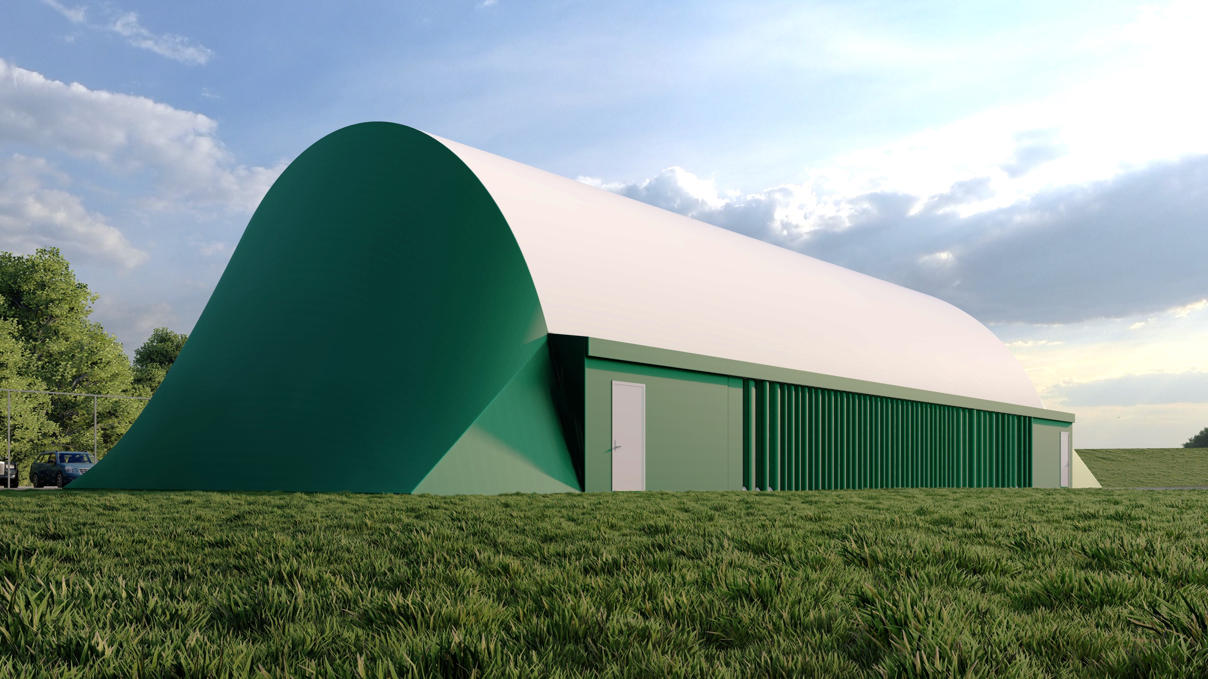 A 3D visual of the Sports Dome from ground level, showing the white arched roof, green retractable side and sloping ends