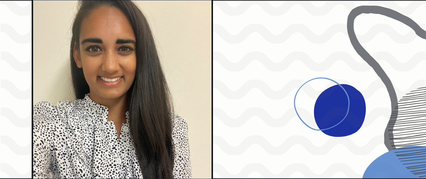 An image of the young female keynote speaker, Alisha Whitehead, with abstract swirls and dots to the right hand side