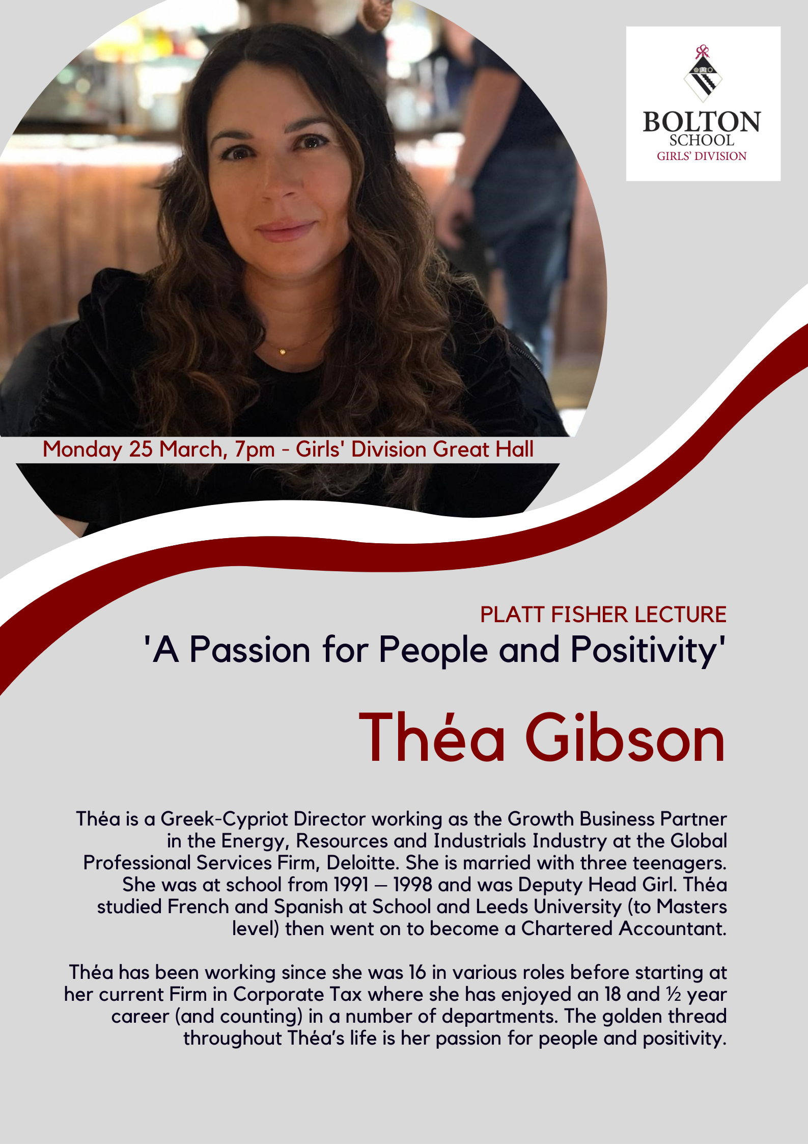 A poster for the 2024 Platt Fisher Lecture at Bolton School, showing a picture of the keynote speaker. All details in the text are repeated elsewhere on this web page.